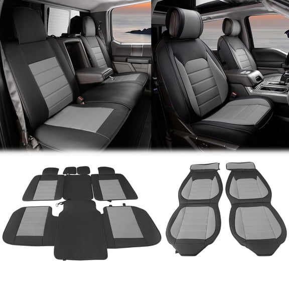 Ikon Motorsports Full Set Car Seat Covers Compatible with 2009-2025 Ford F150 Crew Cab Black&Gray PU Leather 5 Seats Seat Cover Protectors With Pocket