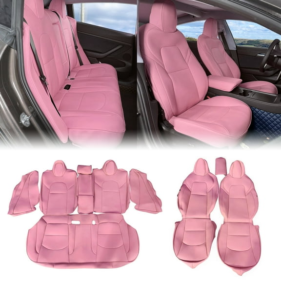 Ikon Motorsports Full Set Car Seat Covers Compatible With 2017-2023 Tesla Model 3 4-Door, Pink Leather Front & Rear 5-Seat Seat Cover Cushion Protectors 10PCS