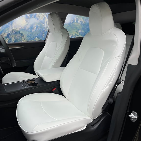 Ikon Motorsports Full Set Car Seat Covers Compatible With 2020-2023 Tesla Model Y 4-Door, White Leather Front & Rear 5-Seat Seat Cover Cushion Protectors 11PCS