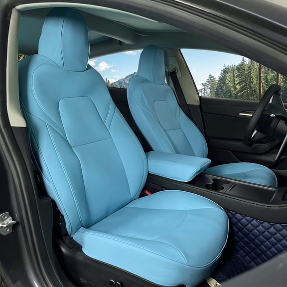 Ikon Motorsports Full Set Car Seat Covers Fits 2020-2025 Tesla Model Y 5 Seats, Blue Nappa Leather Front & Rear 5-Seat Seat Cover Cushion Protectors 11PCS