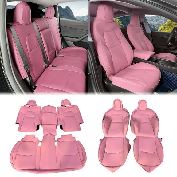 Ikon Motorsports Full Set Car Seat Covers Compatible With 2020-2024 Tesla Model Y 5 Seats, Pink Nappa Leather Front & Rear 5-Seat Seat Cover Cushion Protectors 11PCS