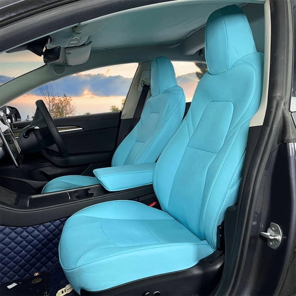 Ikon Motorsports Full Set Seat Covers Compatible With 2017-2023 Tesla Model 3 Blue Leather Front & Rear 5-Seat Car Seat Cover Cushion Protector 12PCS