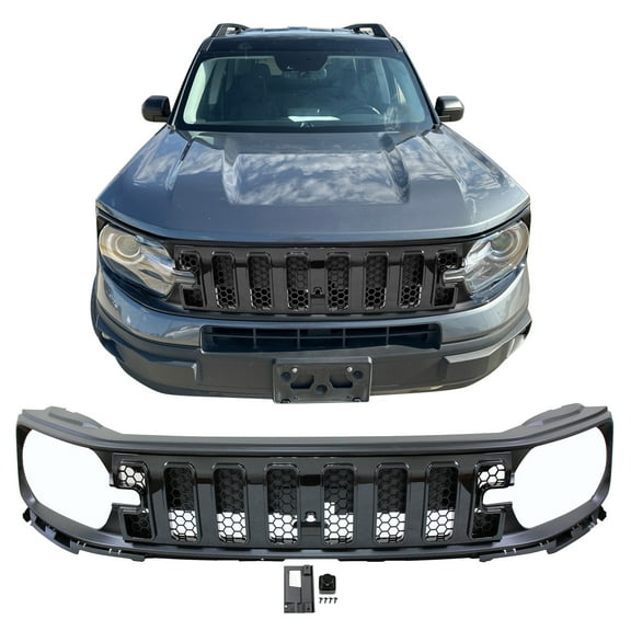 Ikon Motorsports Grille Compatible With 2021-2025 Ford Bronco Sport, Front Upper Bumper Guard Gloss Black Mesh Grill Overlay Cover