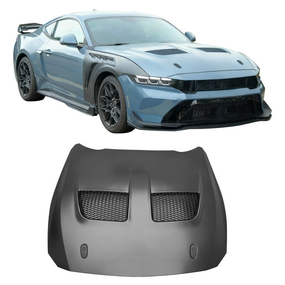 Ikon MotorsportsHood Panel,Compatible with2024-2026 Ford Mustang Dark Horse/EcoBoost/GT, GTD Style Aluminum Black Engine Front Bumper Hood Engine Bonnet Cover