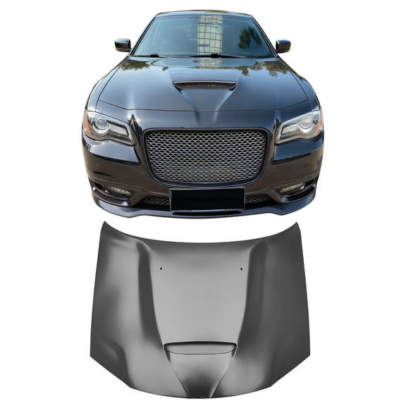 Ikon Motorsports Hood Panel Fits2011-2023 Chrysler 300 All Models, Type SRT Style Aluminum Black Front Bumper Hood Engine Bonnet Cover Replacement