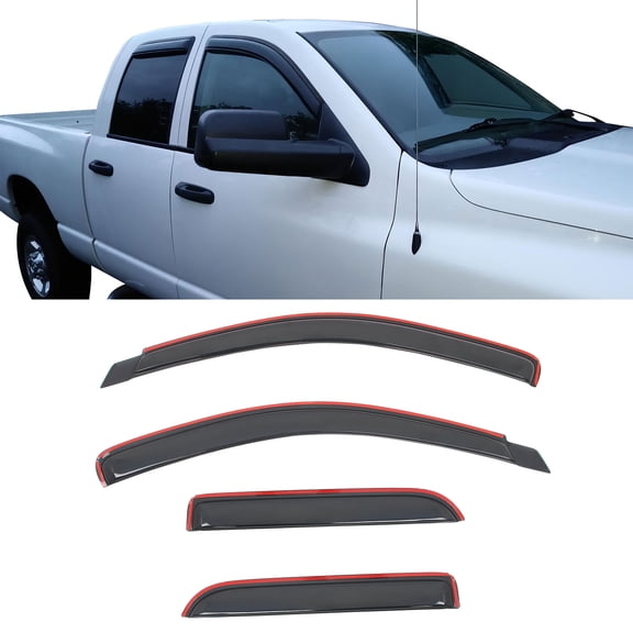 Ikon MotorsportsIn-Channel Window Visorsfor2002-2009 Dodge Ram 1500 2500 3500 Quad Cab, Smoke Rain Sun Guard 4PCS
