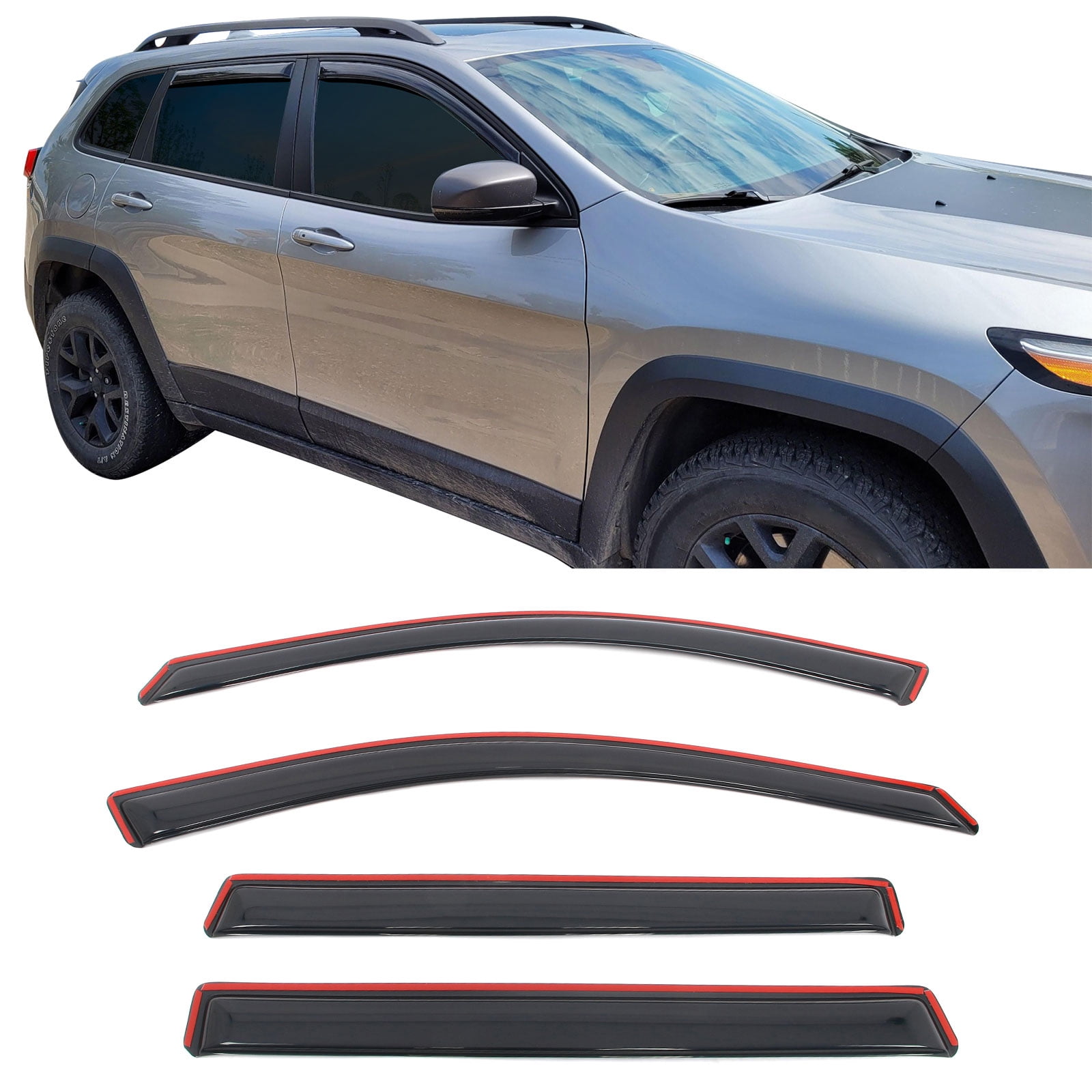 Ikon Motorsports In-Channel Window Visors Fits 2014-2023 Jeep Cherokee, Slim Style Side Door Rain Vent Guard Deflectors, Acrylic Smoke 4PCS