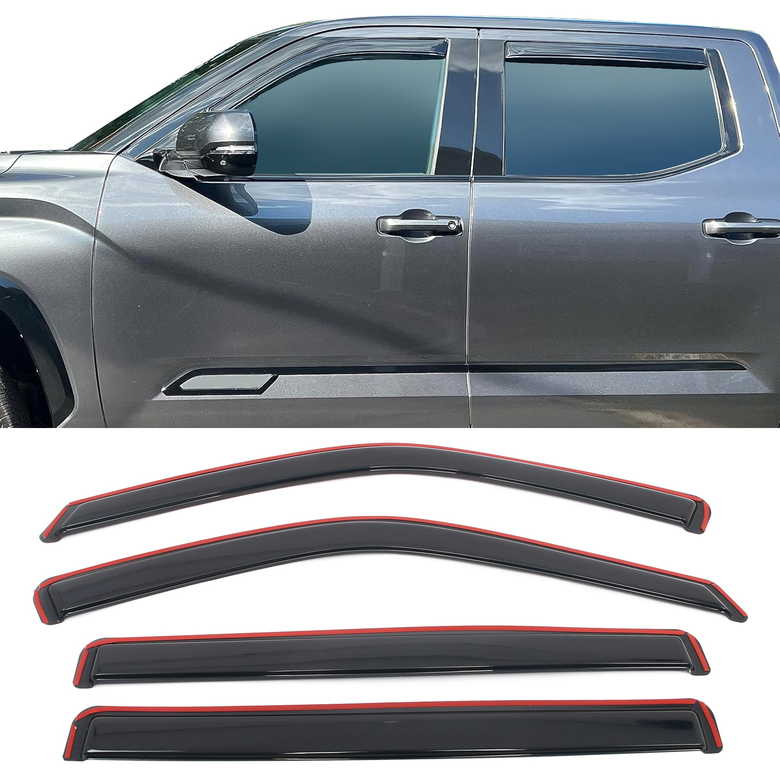 Ikon Motorsports In-Channel Window Visors Fits 2022-2026 Toyota Tundra Crew Cab, Slim Style Side Door Rain Vent Guard Deflectors, Acrylic Smoke 4PCS