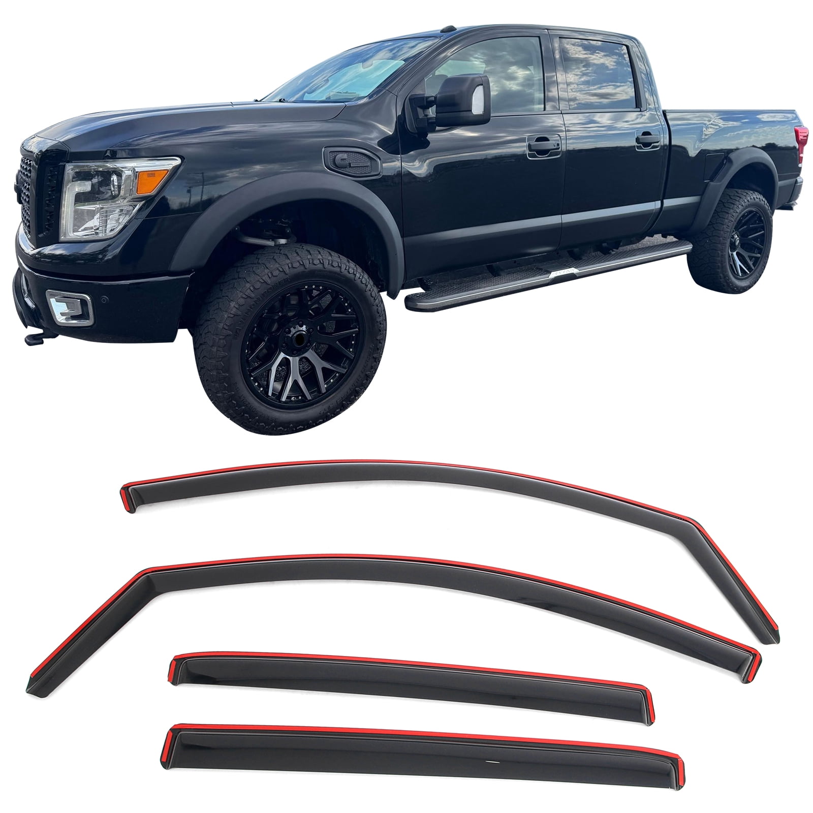Ikon Motorsports In-Channel Window Visors Sun Shades Vent Rain Guards Deflectors for 2016-2024 Nissan TITAN XD & 2017-2024 TITAN Crew Cab Smoke/Tinted