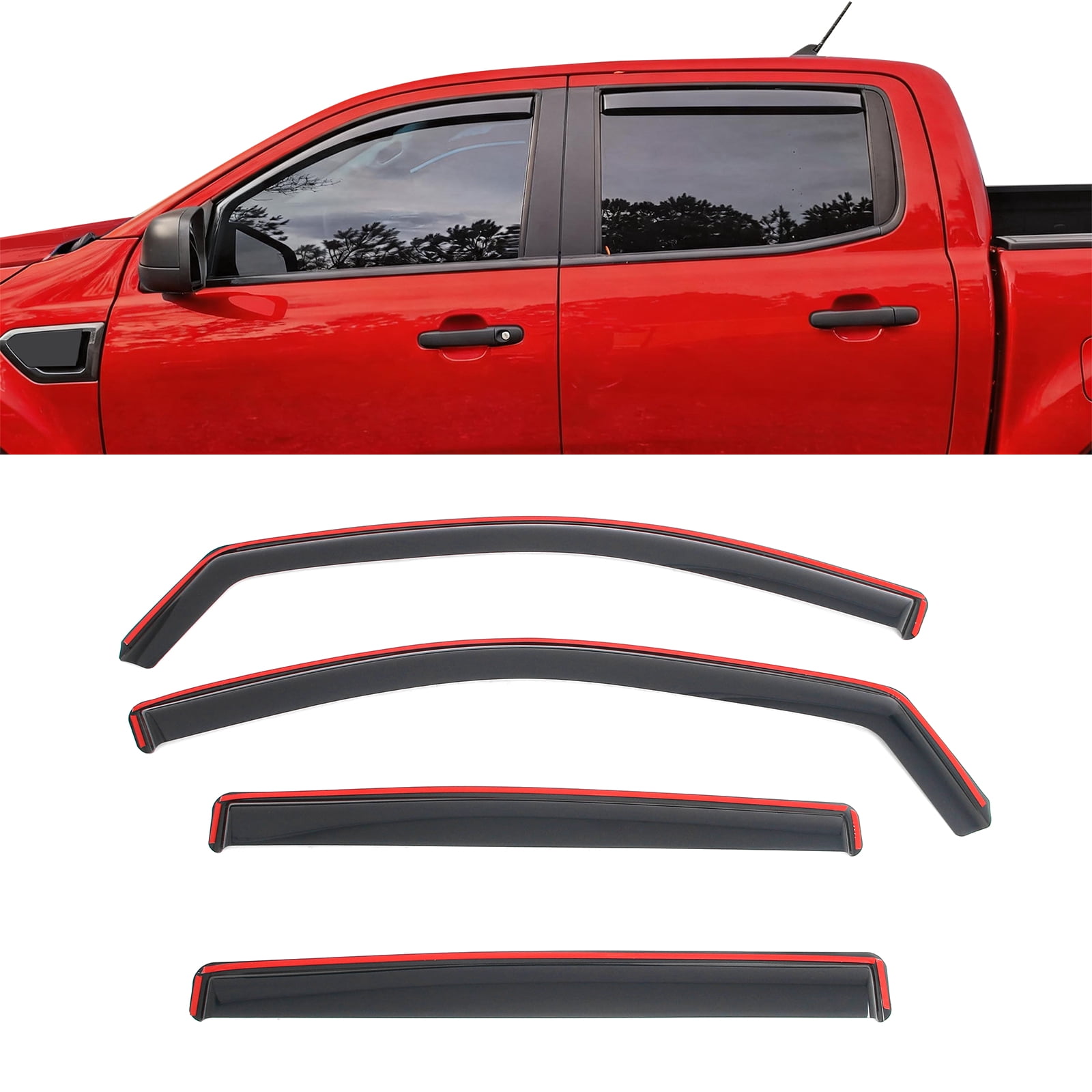 Ikon Motorsports In-Channel Window Visors Sun Shades Vent Rain Guards Deflectors for 2019-2023 Ford Ranger Crew Cab (SupeCrew) Acrylic Smoke/Tinted