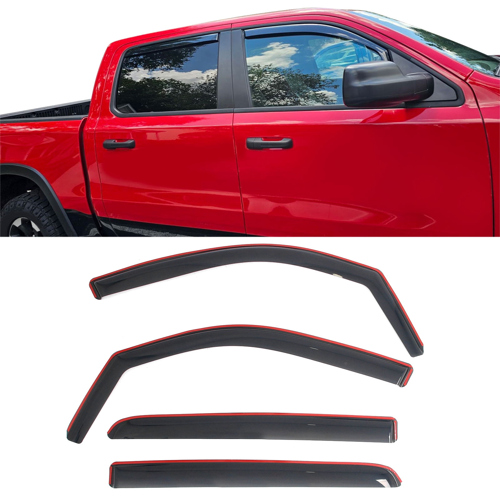 Ikon Motorsports In-Channel Window Visors Sun Shades Vent Rain Guards Deflectors for 2019-2026 Ram 1500 Crew Cab Acrylic Smoke/Tinted 4PCS