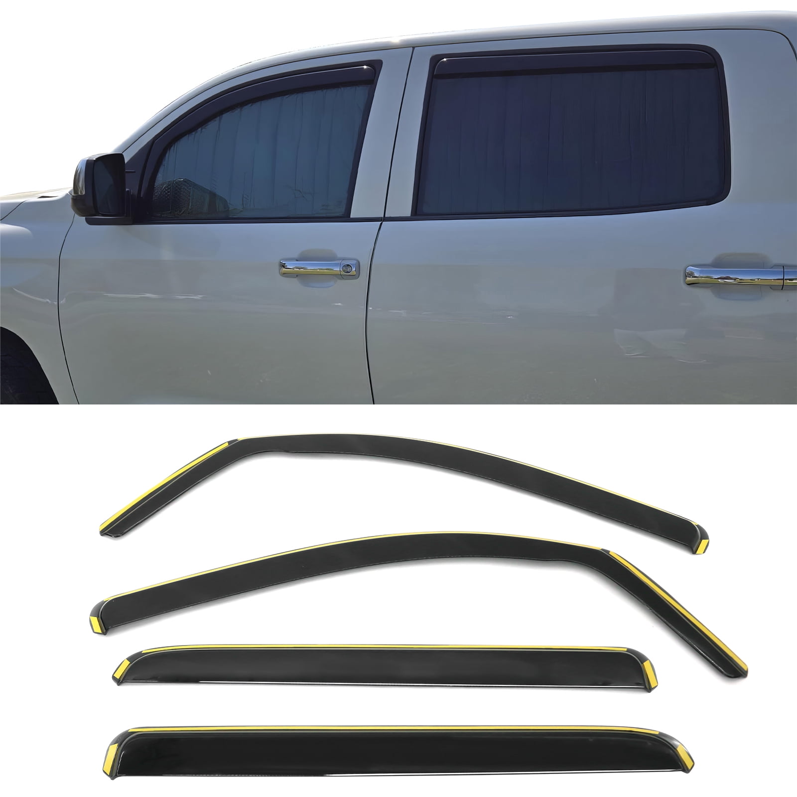 Ikon Motorsports In-Channel Window Visors Sun Shades Vent Rain Guards for 2007-2021 Toyota Tundra CrewMax (Crew Cab) Black PC Polycarbonate 4PCS
