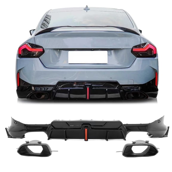 Ikon Motorsports LED Rear BumperLip W/ Aprons Fits2022-2026 BMW G42 2-Series 220i 230i M240i,IKONStyle Gloss Black PP Rear Diffuser + Exhaust Tips