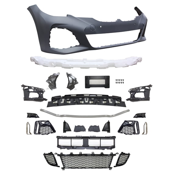 Ikon Motorsports M340 Style Front/Rear Bumper Covers W/ Sensor Holes/Fog Covers NO ACC + M-Tech Style Side Skirts W/Ambient Light Compatible With 2019-2022 BMW G20 Sedan 4-Door Unpainted Black