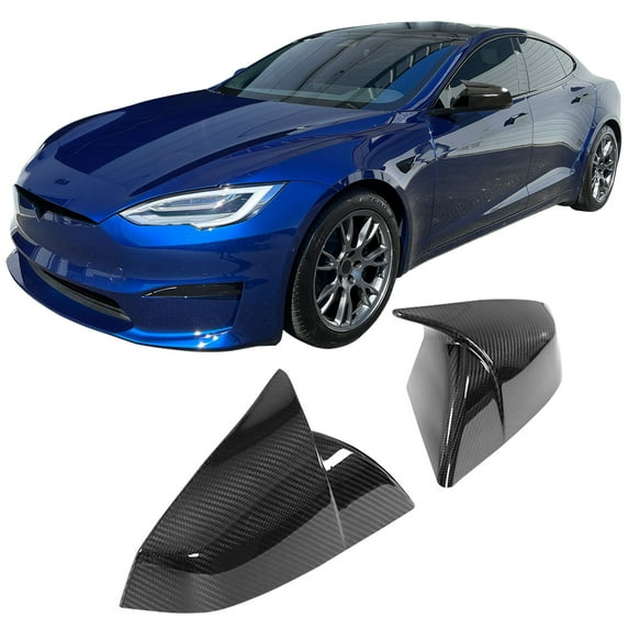 Ikon Motorsports Mirror Covers Compatible With 2021-2025 Tesla Model S All Models Dry Carbon Fiber Gloss Black Left Right Rear View Side Mirror Cover Cap Trim 2PCS 1Pair