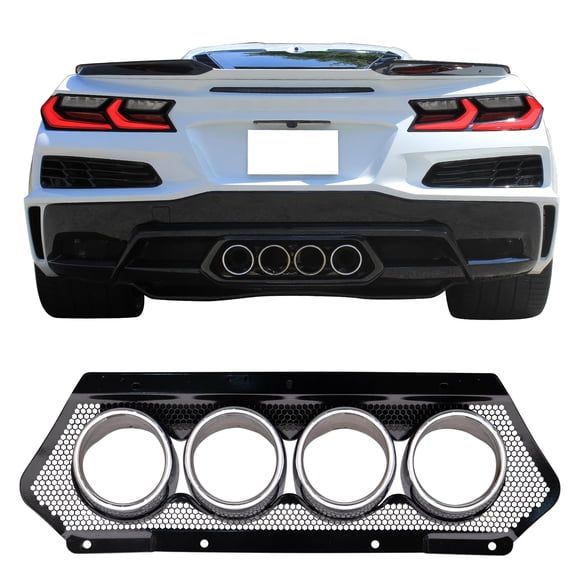 Ikon Motorsports Quad Exhaust Tips W/ Grille, Fits 2023-2025 Chevy Corvette C8 Z06 ZR1, OE Style Silver Iron Grille Stainless Steel Exit Exhaust Tips