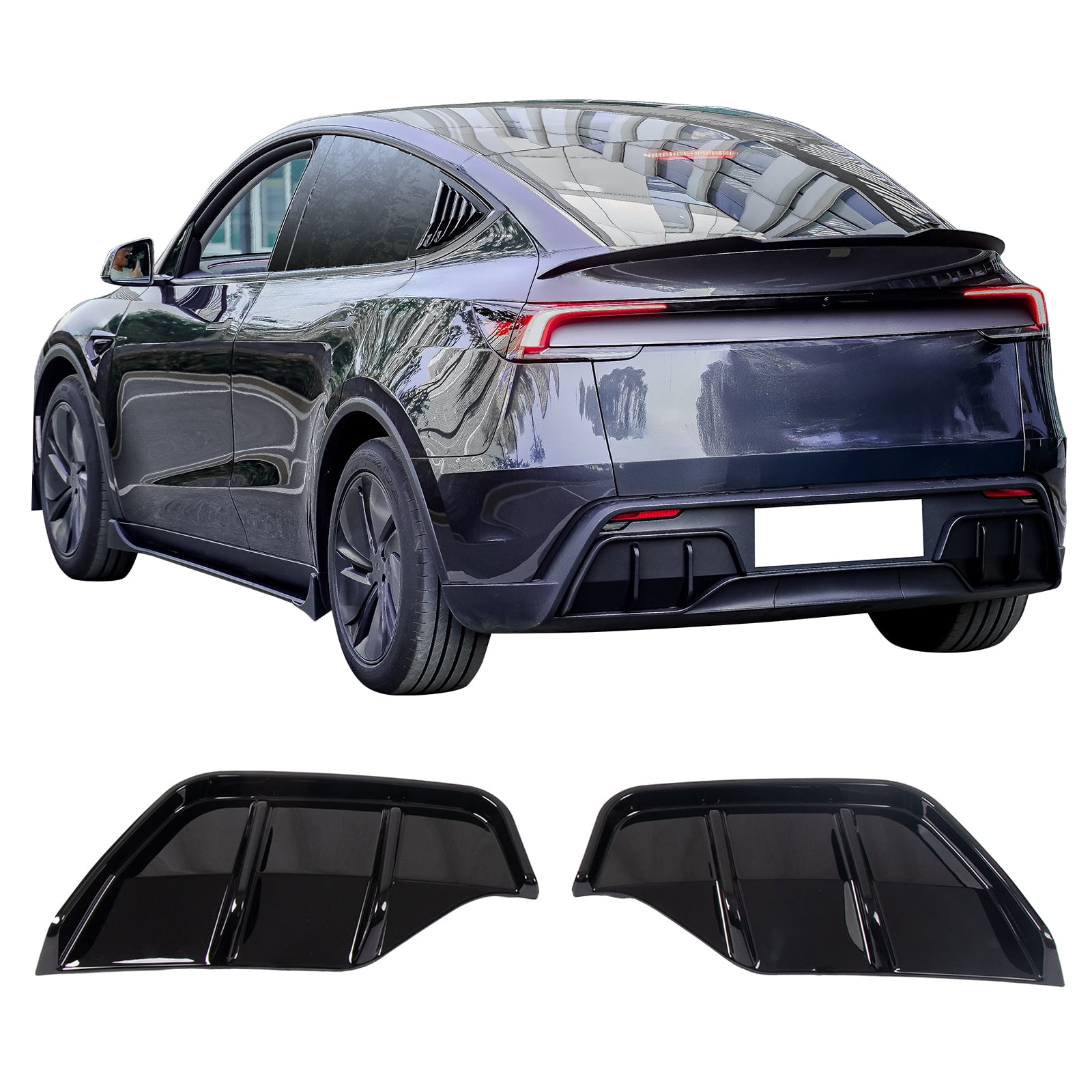 Ikon Motorsports Rear Aprons, Compatible with 2025-2026 Tesla Model Y Juniper,  IKON Style PP Polypropylene PP Gloss Black Rear Bumper Lip Lower Side Spat Valance Winglet Canard Protector 2PC