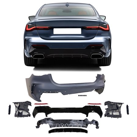 Ikon MotorsportsRear Bumper Cover, Compatible with2021-2025 BMW 4-Series G22 Coupe/G23 Convertible 430i/M440i, M440i Style Unpainted Black PP Replacement Bumper Conversion Bodykit with Diffuser