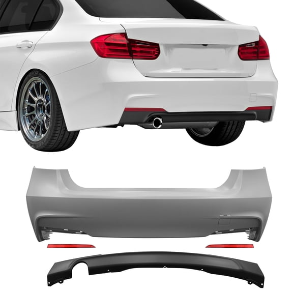 Ikon Motorsports Rear Bumper Cover Conversion Replacement W/Diffuser For 2012-2018 BMW F30 F35 3 Series 320i xDrive, Unpainted PP Polypropylene