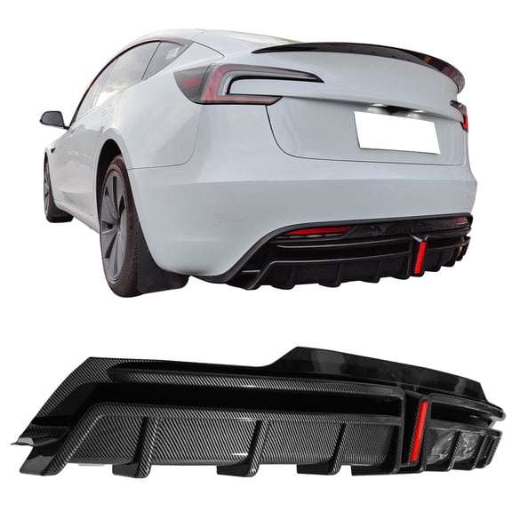 Ikon Motorsports Rear Bumper Lip Diffuser Fin Lower Valance Added on Body Kits Compatible With 2024-2025 Tesla Model 3 Highland PP Polypropylene Painted Carbon Fiber Print