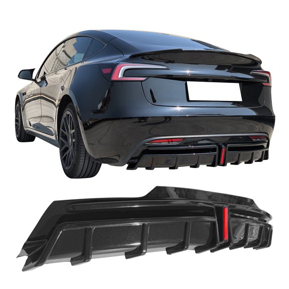 Ikon Motorsports Rear Bumper Lip Diffuser Fin Lower Valance Added on Body Kits Compatible With 2024-2025 Tesla Model 3 Highland PP Polypropylene Painted Gloss Black