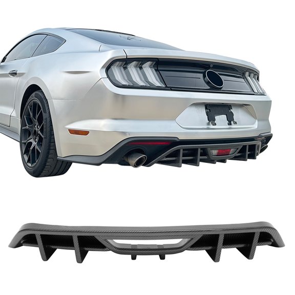 Ikon Motorsports Rear Bumper Lip Diffuser Lower Valance For 2018-2023 Ford Mustang Ecoboost & Ecoboost Premium IKON Style PP Carbon Fiber Print