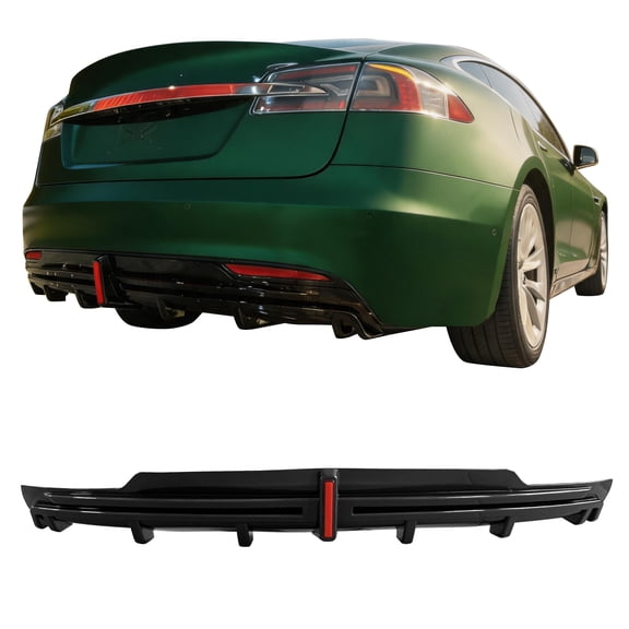 Ikon Motorsports Rear BumperLip W/ LED Brake Light Lamp Fits 2016-2021 Tesla Model S Carbon Fiber Print PP Rear Bumper Lower Shark Fin Lip Spoiler