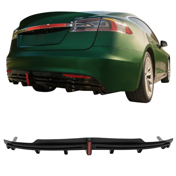 Ikon Motorsports Rear BumperLip W/ LED Brake Light Lamp Fits 2016-2021 Tesla Model S Matte Black PP Rear Bumper Lower Shark Fin Lip Spoiler Splitter