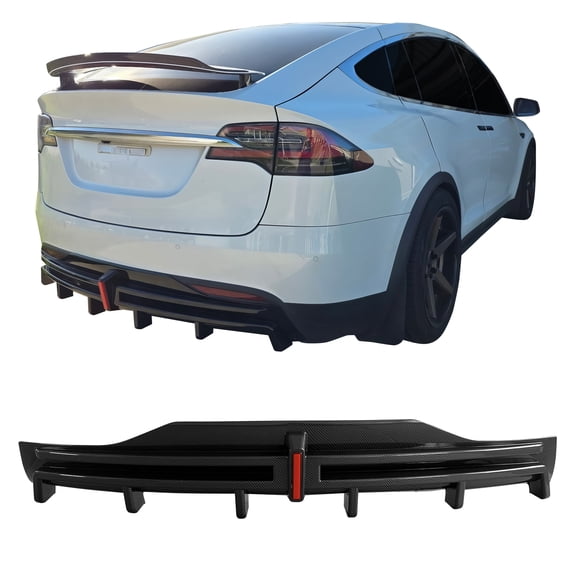 Ikon Motorsports Rear BumperLip W/ LED Brake Light Lamp Fits 2016-2021 Tesla Model X Carbon Fiber Print PP Rear Bumper Lower Shark Fin Lip Spoiler