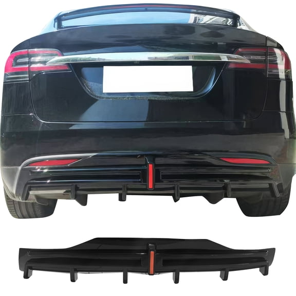 Ikon Motorsports Rear BumperLip W/ LED Brake Light Lamp Fits 2016-2021 Tesla Model X Gloss Black PP Rear Bumper Lower Shark Fin Lip Spoiler Splitter