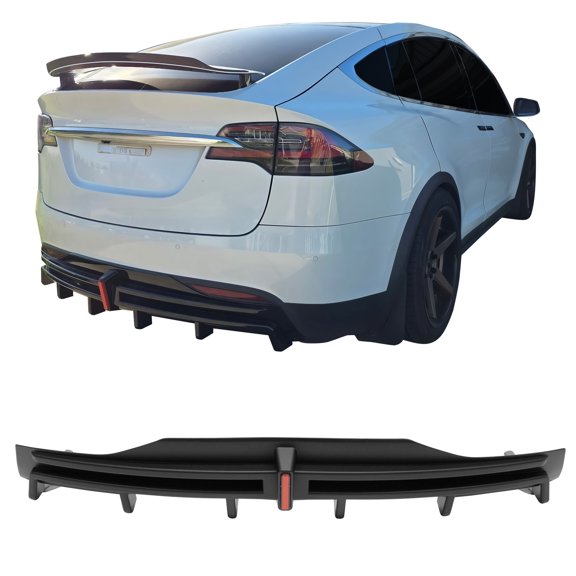 Ikon Motorsports Rear BumperLip W/ LED Brake Light Lamp Fits 2016-2021 Tesla Model X Matte Black PP Rear Bumper Lower Shark Fin Lip Spoiler Splitter