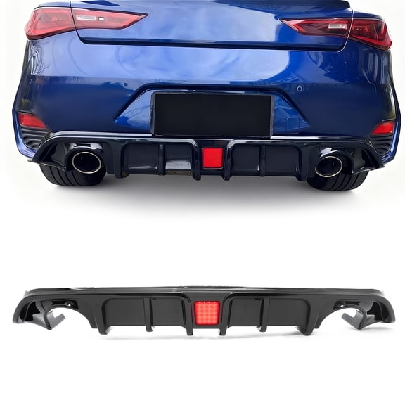 Ikon Motorsports Rear BumperLip W/ LED Brake Light Lamp Fits 2017-2022 INFINITI Q60 Gloss Black PP Rear Bumper Lower Shark Fin Lip Spoiler Splitter