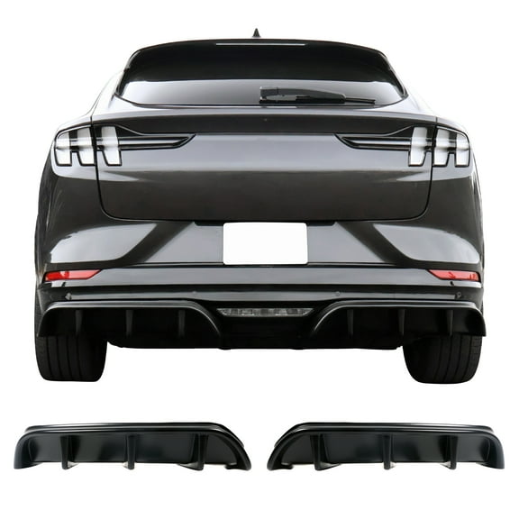 Ikon Motorsports Rear Diffuser Compatible With 2021-2024 Ford Mustang Mach-E GT, Matte Black PP Polypropylene IKON Style Rear Bumper Lip Diffuser Shark Fins Kit Lower Valance Lip Spoiler Canard