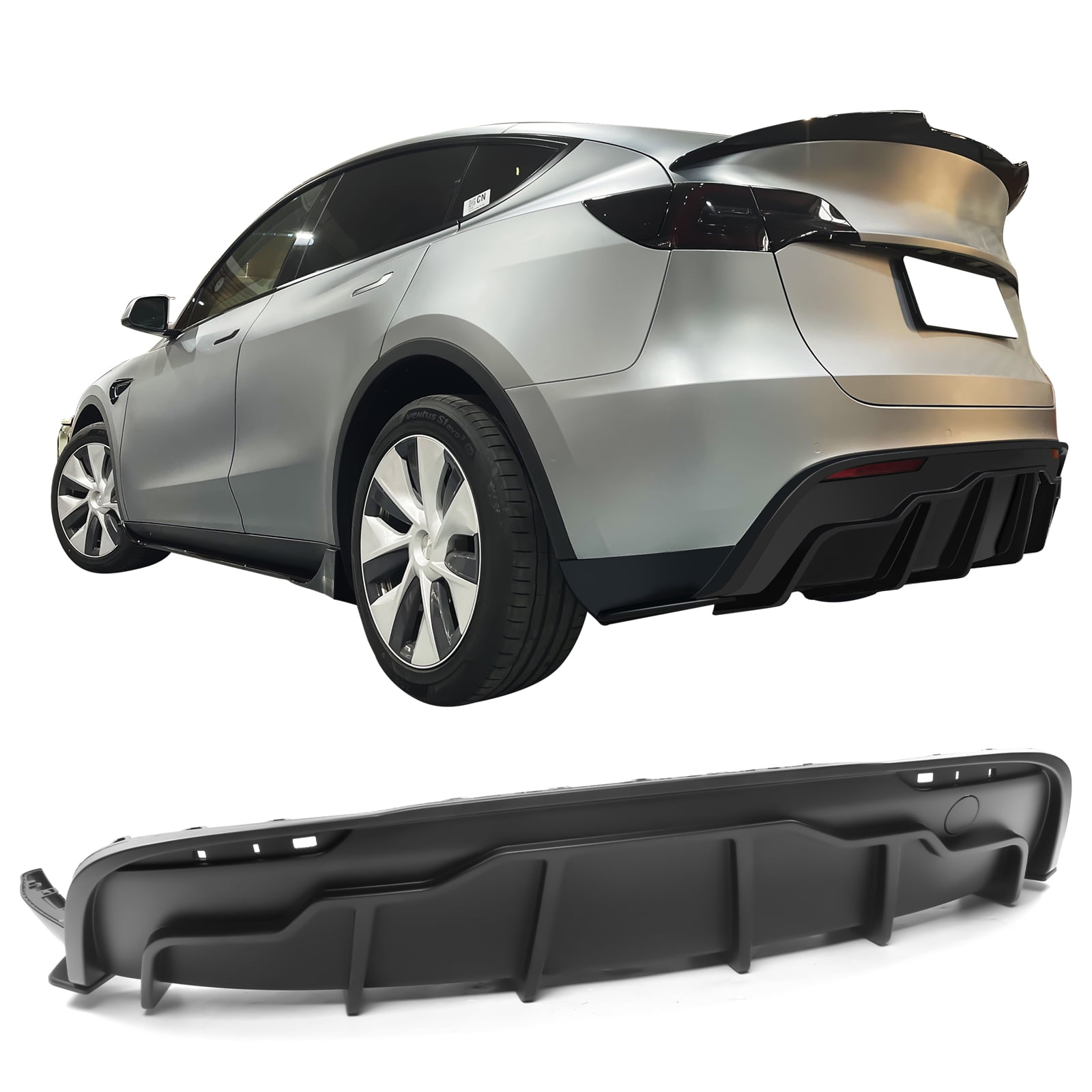 Ikon Motorsports Rear Diffuser Compatible With 2020-2023 Tesla Model Y  Matte Black IKON Style PP Rear Bumper Lip Shark Fin Splitter 3PC 