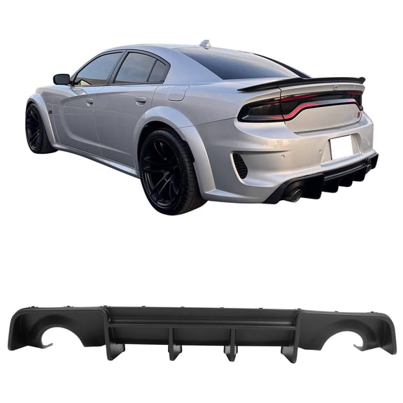 Ikon Motorsports Rear Diffuser, Compatible with 2020-2023 Dodge Charger Widebody,  IKON V4 Style Matte Black PP Polypropylene Shark Fin Rear Bumper Valance Spoiler, Air Dam Chin Splitter Molding 1PC