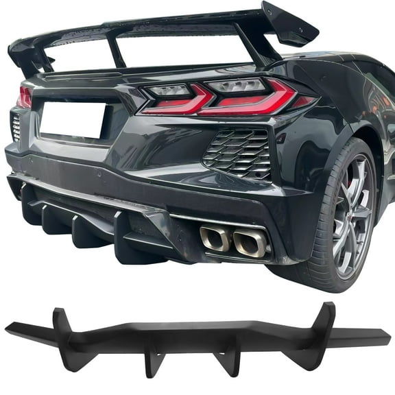 Ikon Motorsports Rear Diffuser Compatible with 2020-2025 Chevy Corvette C8 Stingray/Z51/E-RAY IKON Style Matte Black ABS Shark Fin Rear Bumper Valance Spoiler Air Dam Chin Splitter Molding