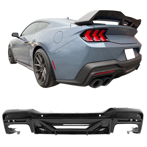 Ikon Motorsports Rear Diffuser, Compatible with 2024-2026 Ford Mustang Dark Horse,  Factory Style Gloss Black PP Polypropylene Shark Fin Rear Bumper Valance Spoiler, Air Dam Chin Splitter Molding