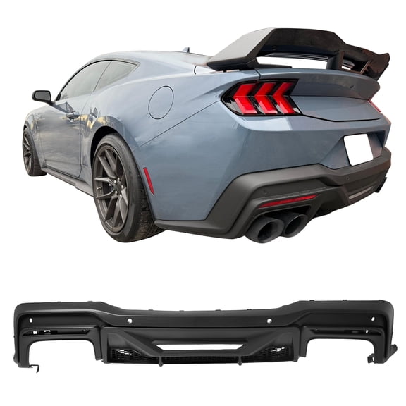 Ikon Motorsports Rear Diffuser, Compatible with 2024-2026 Ford Mustang Dark Horse, Factory Style Matte Black PP Polypropylene Shark Fin Rear Bumper Valance Spoiler, Air Dam Chin Splitter Molding