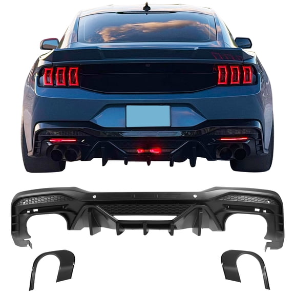 Ikon Motorsports Rear Diffuser, Compatible with 2024-2026 Ford Mustang V6/GT, Speed Style Matte Black PP Polypropylene Shark Fin Rear Bumper Valance Spoiler, Air Dam Chin Splitter Molding 1PC