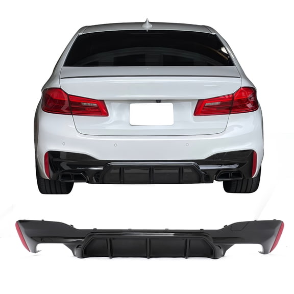 Ikon Motorsports Rear Diffuser Fits 2017-2023 BMW 5 Series G30 M Sport, F90 M5 Competition Style Gloss Black PP, Bumper Lower Spoiler Shark Fin