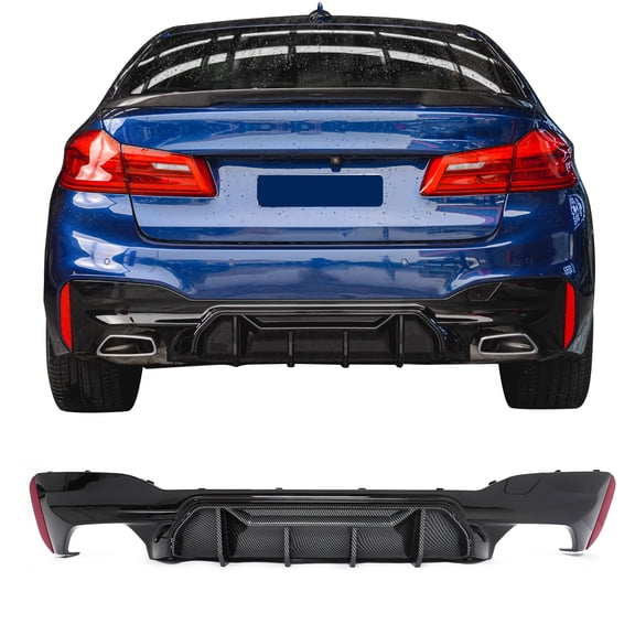 Ikon MotorsportsRear Diffuser Fits2017-2023 BMW 5 Series G30 M Sport, F90 M5 M Perfermance Style, Gloss BlackBumper Lower Guard w/ Carbon Fiber Print Shark Fin PP