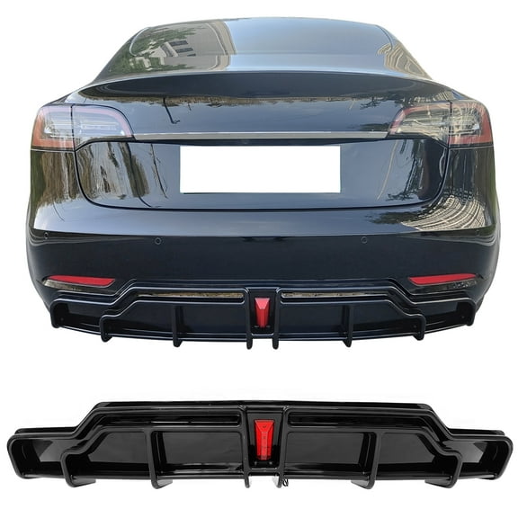 Ikon Motorsports, Rear Diffuser Lip Compatible With 2017-2023 Tesla Model 3 Sedan 4-Door Gloss Black IKON Style PP Rear Lower Bumper Protector Lip With LED Lamp