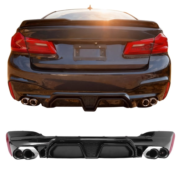 Ikon MotorsportsRear Diffuser w/ Black Quad Exhaust Tips Fits2021-2023 BMW 5 Series G30 Pre-LCI M Sport Bumper,M5 CS Style Gloss Black PP