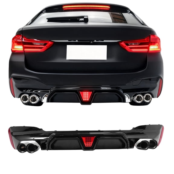 Ikon MotorsportsRear Diffuser w/ LED Light & Black Quad Exhaust Tips Fits2017-2020 BMW 5 Series G30 Pre-LCI M Sport Bumper,M5 CS Style Gloss Black PP
