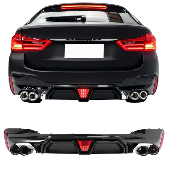 Ikon MotorsportsRear Diffuser w/ LED Light & Black Quad Exhaust Tips Fits2021-2023 BMW 5 Series G30 Pre-LCI M Sport Bumper,M5 CS Style Gloss Black PP