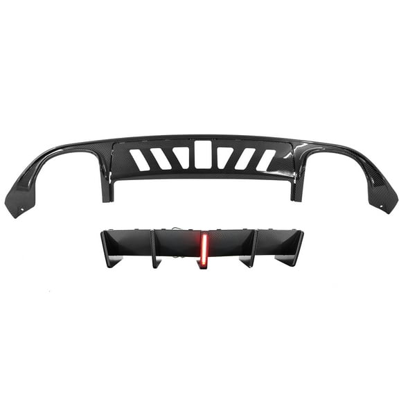 Ikon Motorsports Rear Diffuser w/ LED Light Compatible with 15-23 Dodge Charger IKON V3 Style Carbon Fiber Print PP Quad Exhaust Tip Rear Bumper Diffuser Lip With Shark Fins