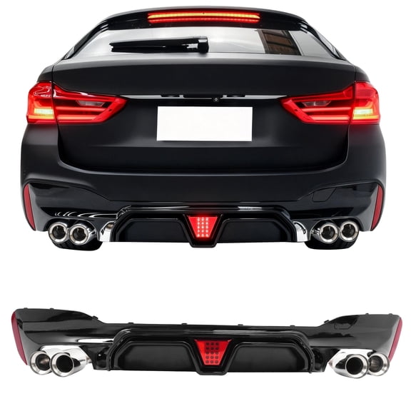 Ikon MotorsportsRear Diffuser w/ LED Light & Silver Quad Exhaust Tips Fits2017-2020 BMW 5 Series G30 Pre-LCI M Sport Bumper,M5 CS Style Gloss Black PP