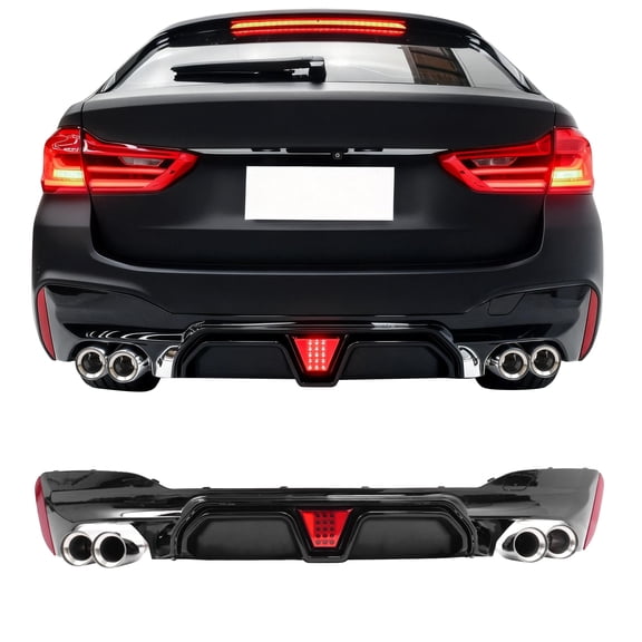 Ikon MotorsportsRear Diffuser w/ LED Light & Silver Quad Exhaust Tips Fits2021-2023 BMW 5 Series G30 Pre-LCI M Sport Bumper,M5 CS Style Gloss Black PP