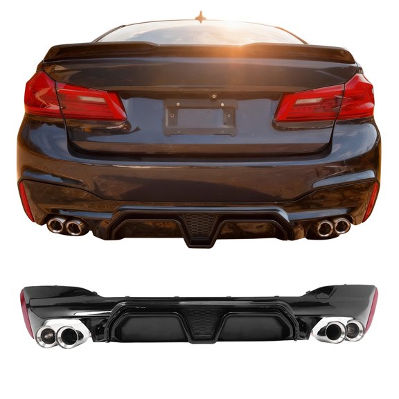 Ikon MotorsportsRear Diffuser w/ Silver Quad Exhaust Tips Fits2017-2020 BMW 5 Series G30 Pre-LCI M Sport Bumper,M5 CS Style Gloss Black PP