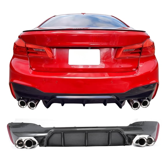 Ikon MotorsportsRear Diffuser w/ Silver Quad Exhaust Tips Fits2017-2020 BMW 5 Series G30 Pre-LCI M Sport Bumper,M5 Competition Style Carbon Fiber Print PP